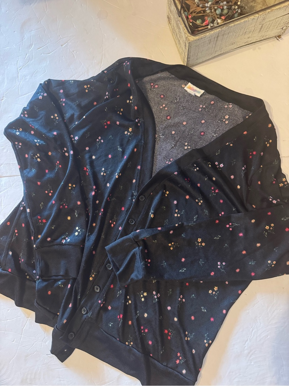 LuLaRoe Black Floral Cardigan with Pink and Yellow Accents